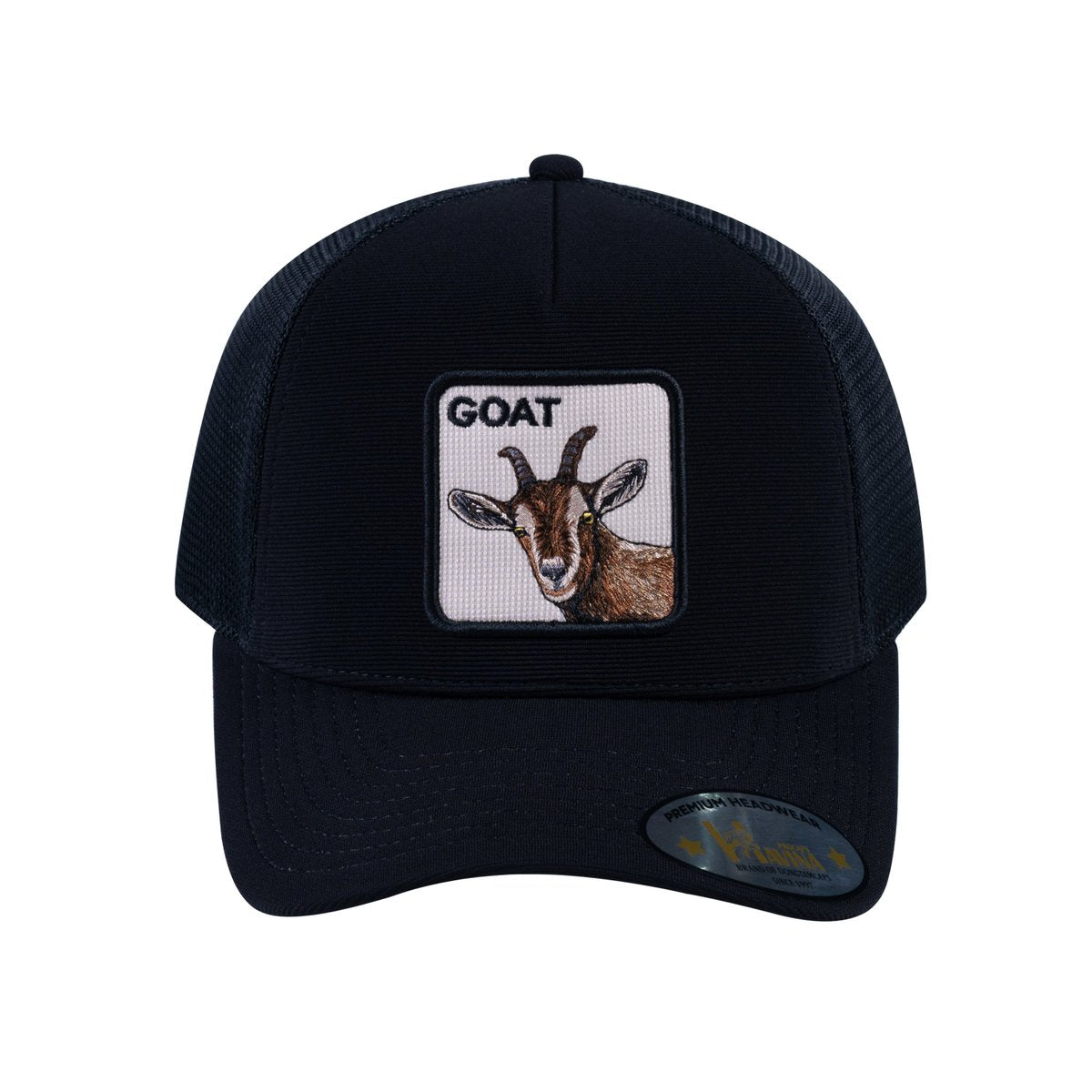 Unisex V2 Embroidered The Goat, 5-Panel Trucker Hat, Black/Black, Adjustable Fit