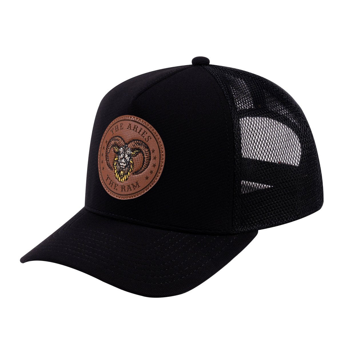 Unisex V2 Embroidered And Laser-Engraved Aries Zodiac (March 21, April 19), 5-Panel Trucker Hat, Black/Black, Adjustable Fit