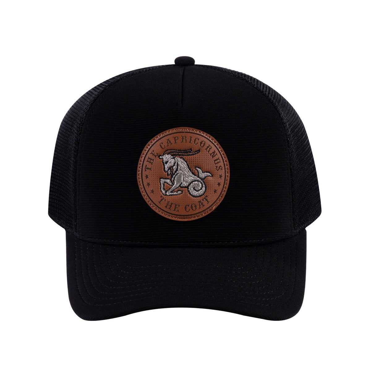 Unisex V2 Embroidered And Laser-Engraved Capricorn Zodiac (December 22, January 19), 5-Panel Trucker Hat, Black/Black, Adjustable Fit