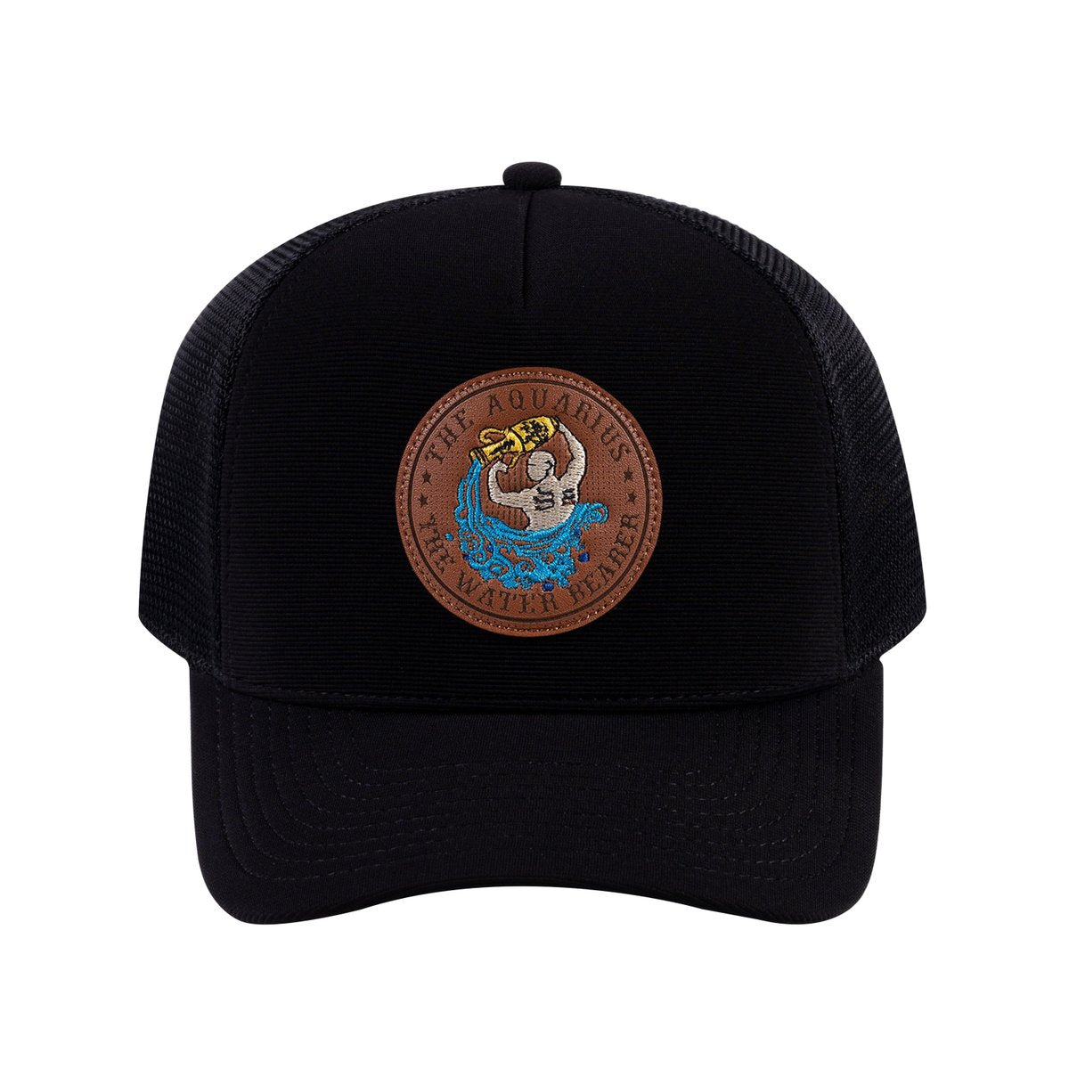 Unisex V2 Embroidered And Laser-Engraved Aquarius Zodiac (January 20, February 18), 5-Panel Trucker Hat, Black/Black, Adjustable Fit
