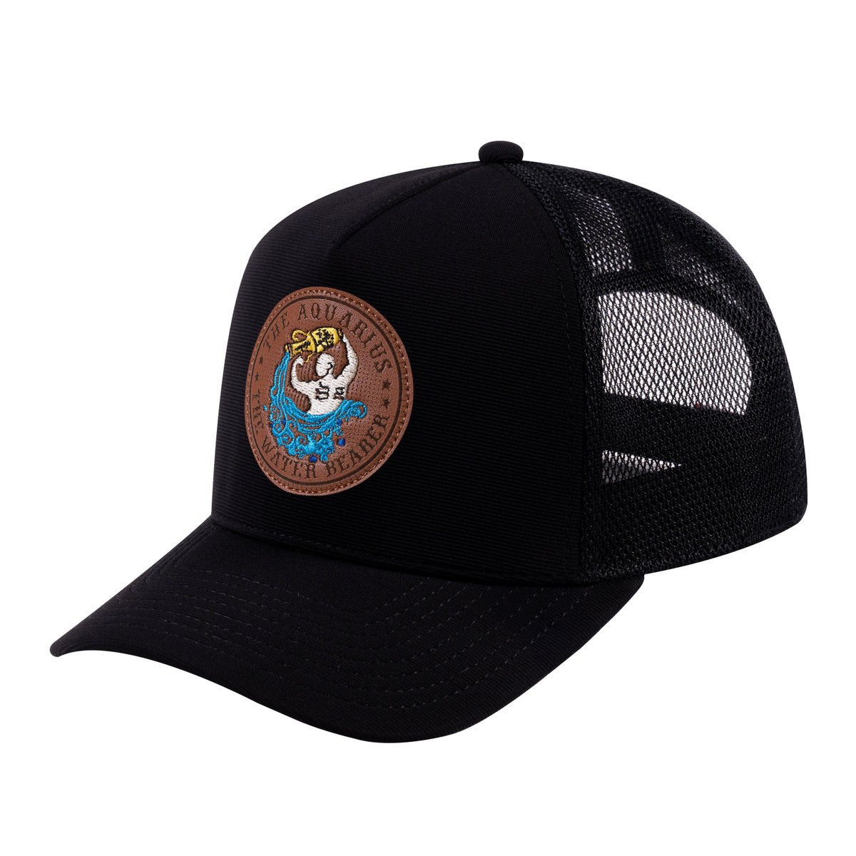 Unisex V2 Embroidered And Laser-Engraved Aquarius Zodiac (January 20, February 18), 5-Panel Trucker Hat, Black/Black, Adjustable Fit