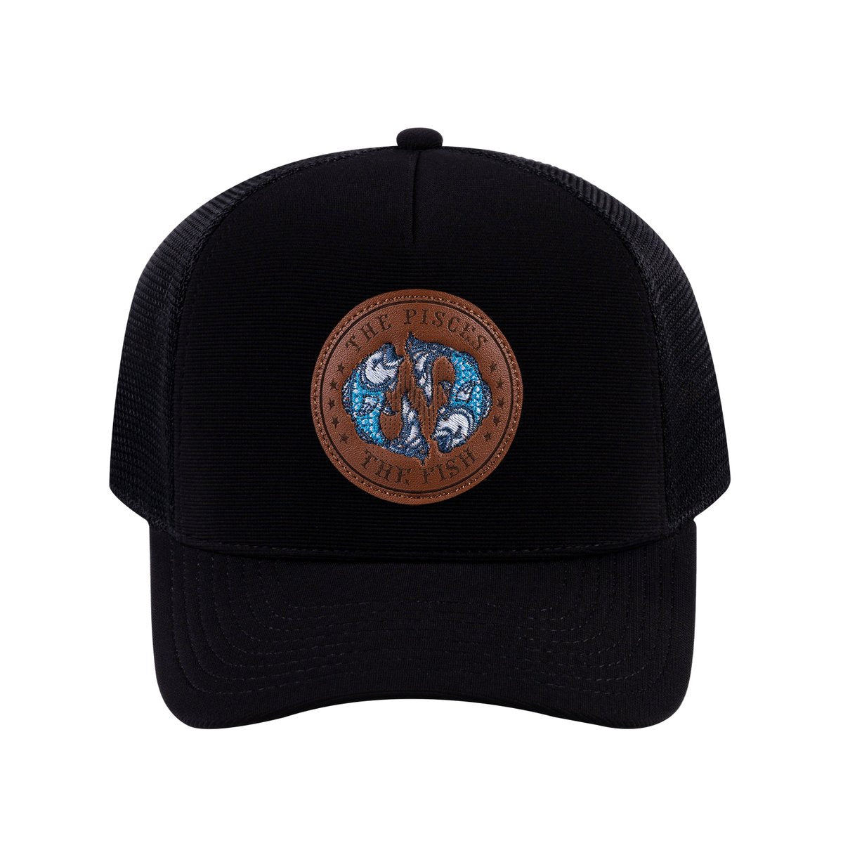 Unisex V2 Embroidered And Laser-Engraved Pisces Zodiac (February 19, March 20), 5-Panel Trucker Hat, Black/Black, Adjustable Fit