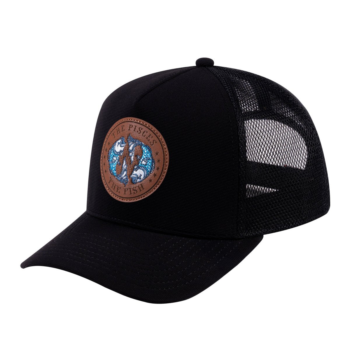 Unisex V2 Embroidered And Laser-Engraved Pisces Zodiac (February 19, March 20), 5-Panel Trucker Hat, Black/Black, Adjustable Fit
