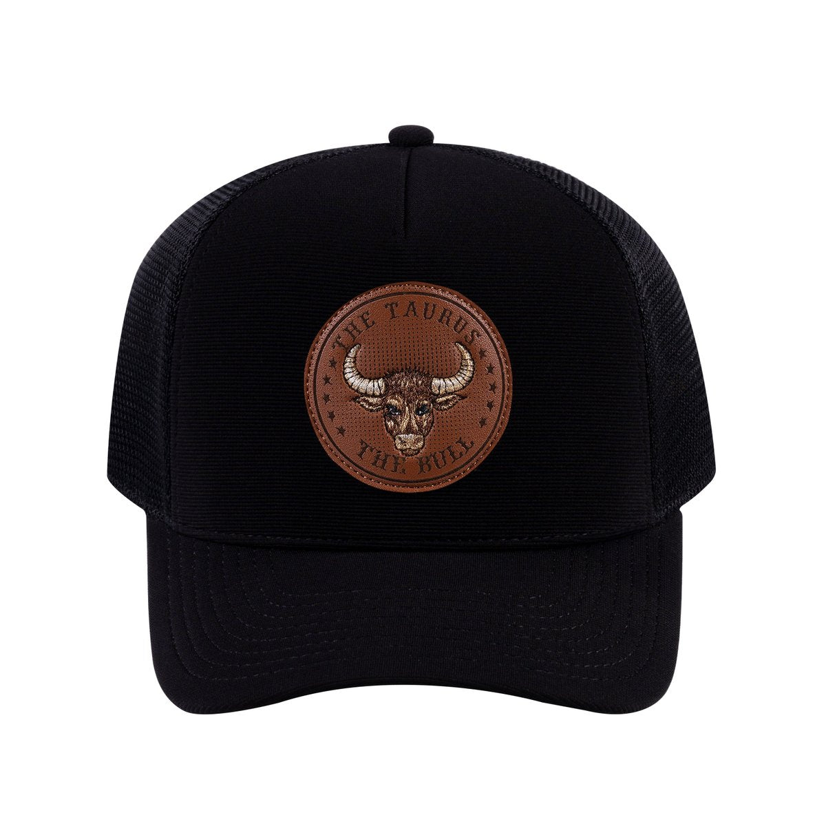 Unisex V2 Embroidered And Laser-Engraved Taurus Zodiac (April 20, May 20), 5-Panel Trucker Hat, Black/Black, Adjustable Fit