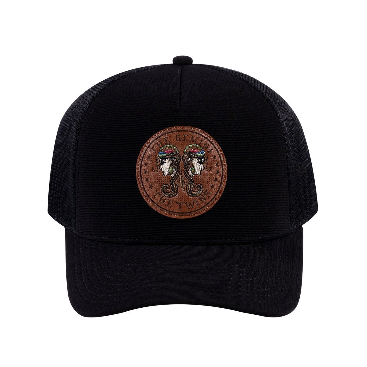 Unisex V2 Embroidered And Laser-Engraved Gemini Zodiac (May 21, June 20), 5-Panel Trucker Hat, Black/Black, Adjustable Fit
