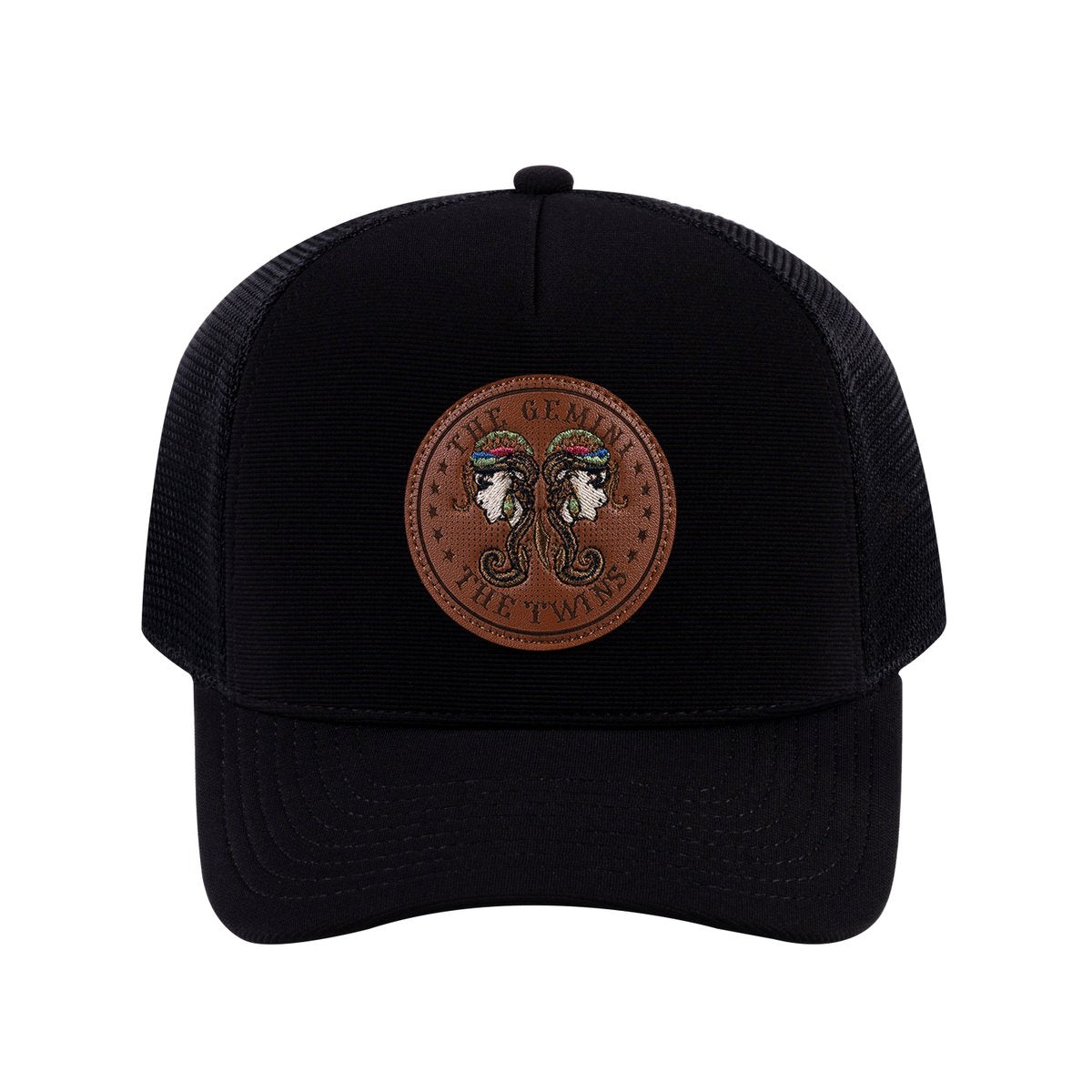 Unisex V2 Embroidered And Laser-Engraved Gemini Zodiac (May 21, June 20), 5-Panel Trucker Hat, Black/Black, Adjustable Fit