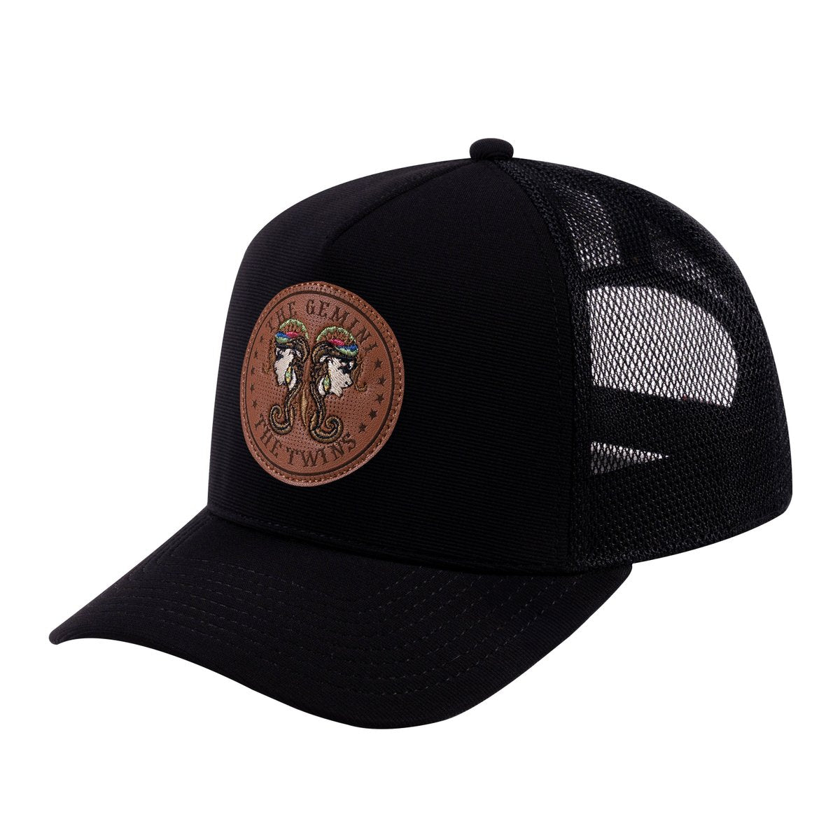 Unisex V2 Embroidered And Laser-Engraved Gemini Zodiac (May 21, June 20), 5-Panel Trucker Hat, Black/Black, Adjustable Fit