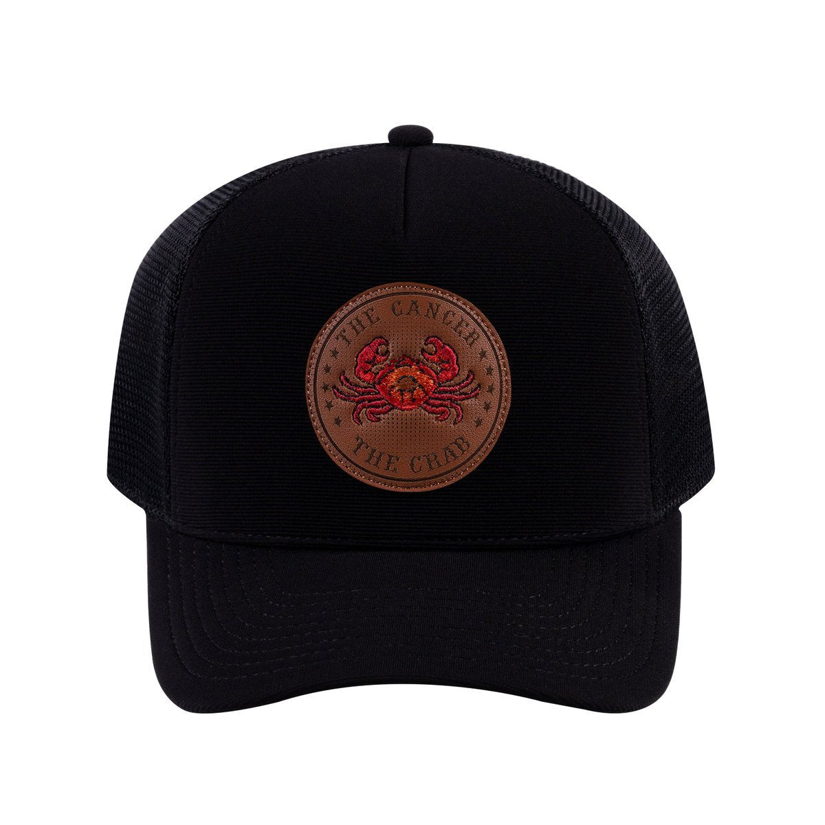 Unisex V2 Embroidered And Laser-Engraved Cancer Zodiac (June 21, July 22), 5-Panel Trucker Hat, Black/Black, Adjustable Fit