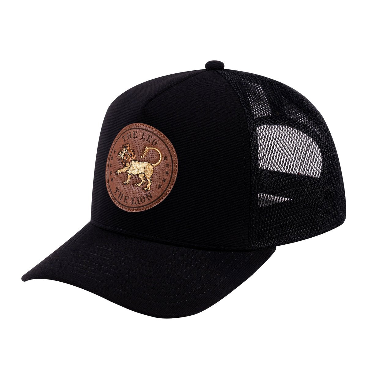 Unisex V2 Embroidered And Laser-Engraved Leo Zodiac (July 23, August 22), 5-Panel Trucker Hat, Black/Black, Adjustable Fit