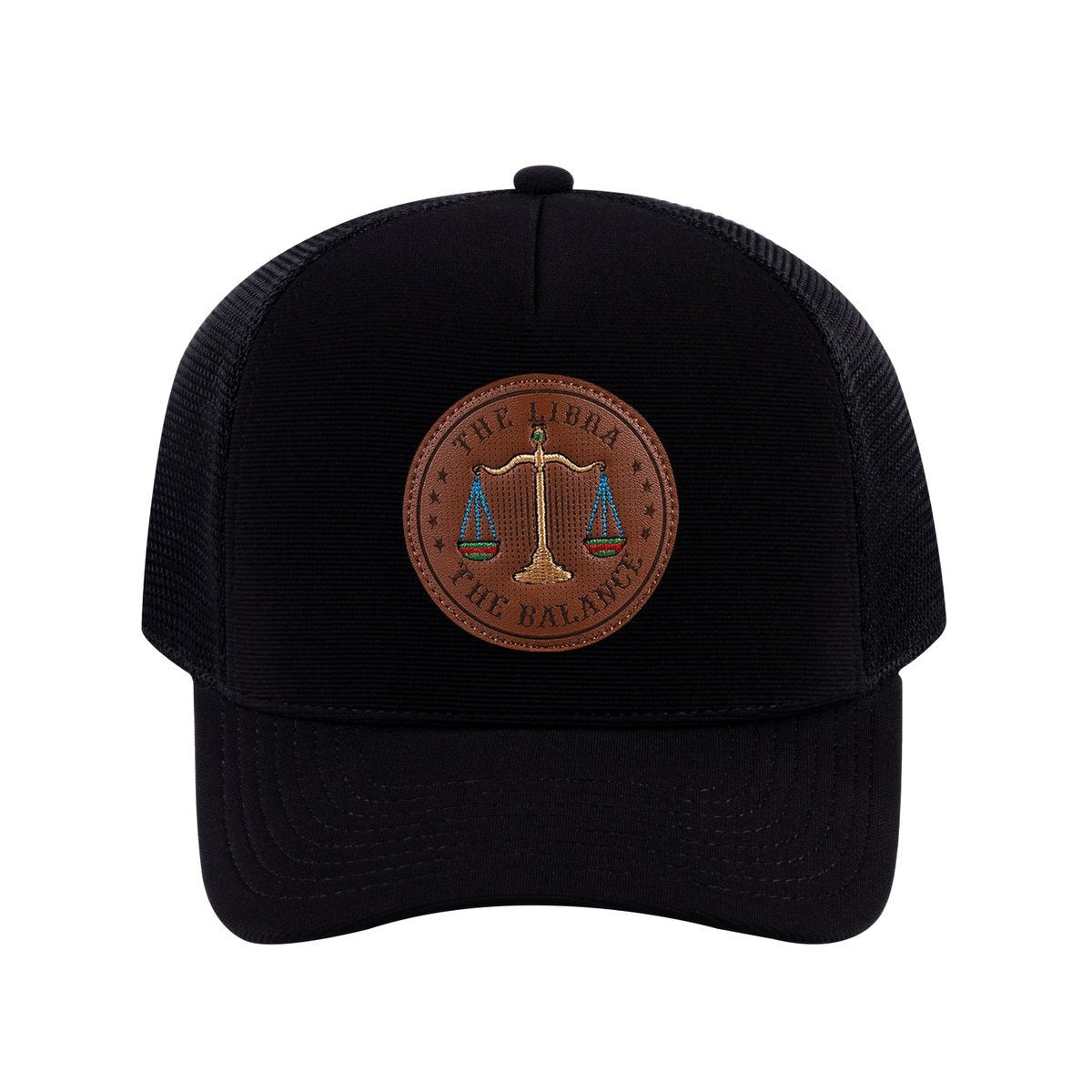 Unisex V2 Embroidered And Laser-Engraved Libra Zodiac (September 23, October 22), 5-Panel Trucker Hat, Black/Black, Adjustable Fit