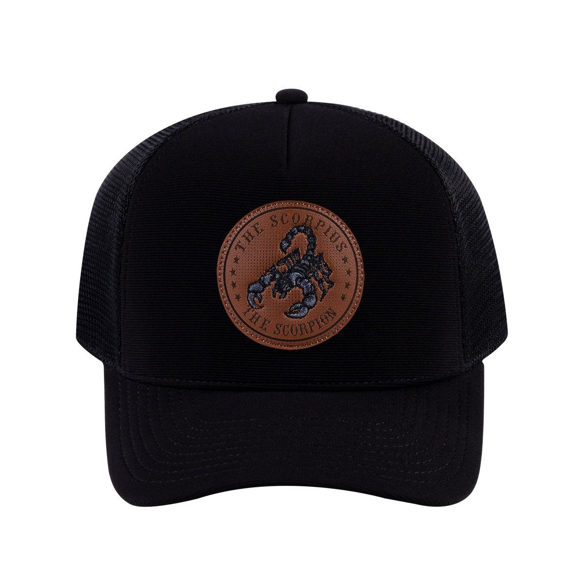 Unisex V2 Embroidered And Laser-Engraved Scorpius Zodiac (October 23, November 21), 5-Panel Trucker Hat, Black/Black, Adjustable Fit
