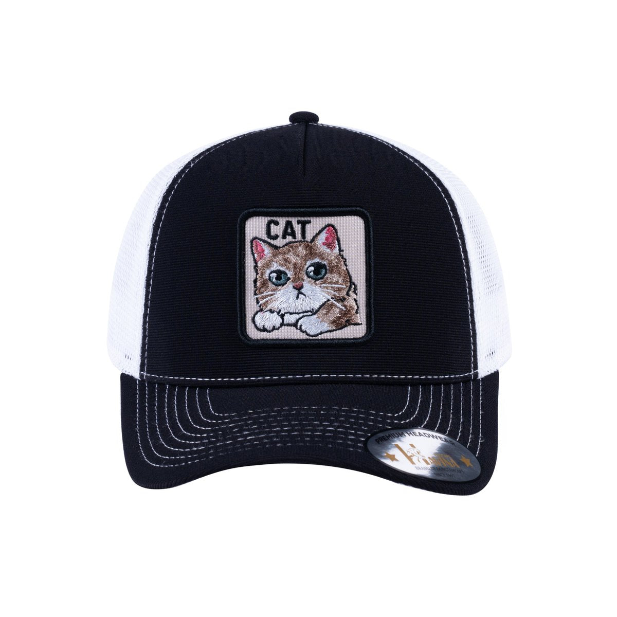 Unisex V2 Embroidered The Cat, 5-Panel Trucker Hat, Black/White, Adjustable Fit