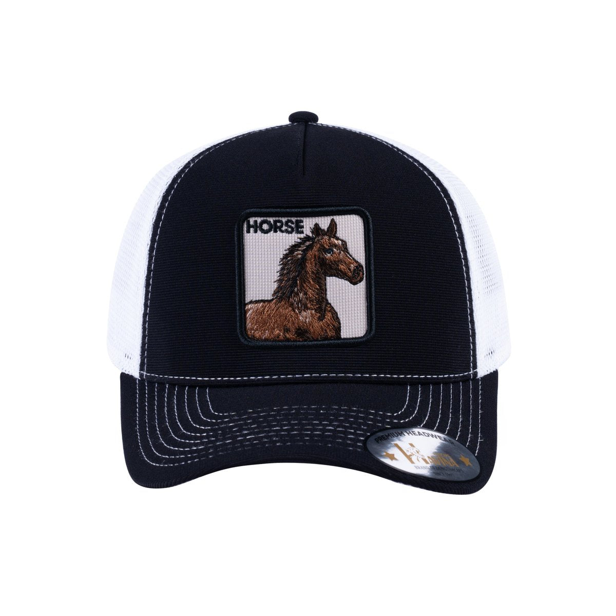 Unisex V2 Embroidered The Horse, 5-Panel Trucker Hat, Black/White, Adjustable Fit