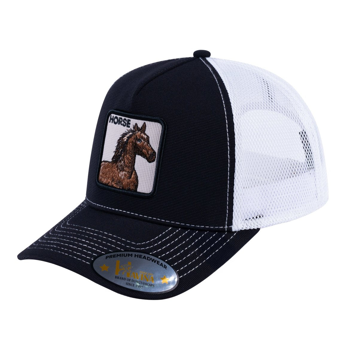 Unisex V2 Embroidered The Horse, 5-Panel Trucker Hat, Black/White, Adjustable Fit