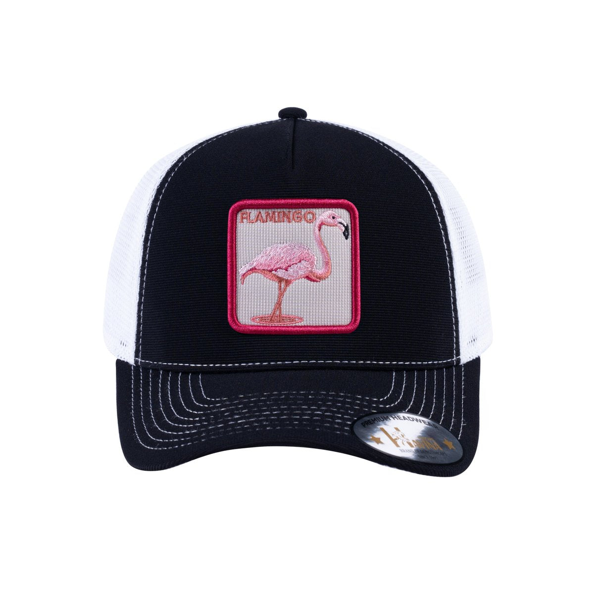 Unisex V2 Embroidered The Flamingo, 5-Panel Trucker Hat, Black/White, Adjustable Fit