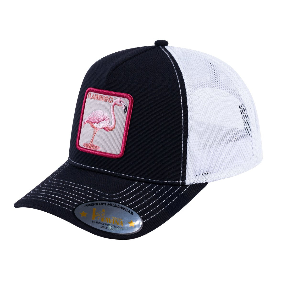 Unisex V2 Embroidered The Flamingo, 5-Panel Trucker Hat, Black/White, Adjustable Fit