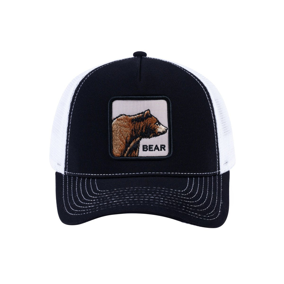 Unisex V2 Embroidered The Bear, 5-Panel Trucker Hat, Black/White, Adjustable Fit