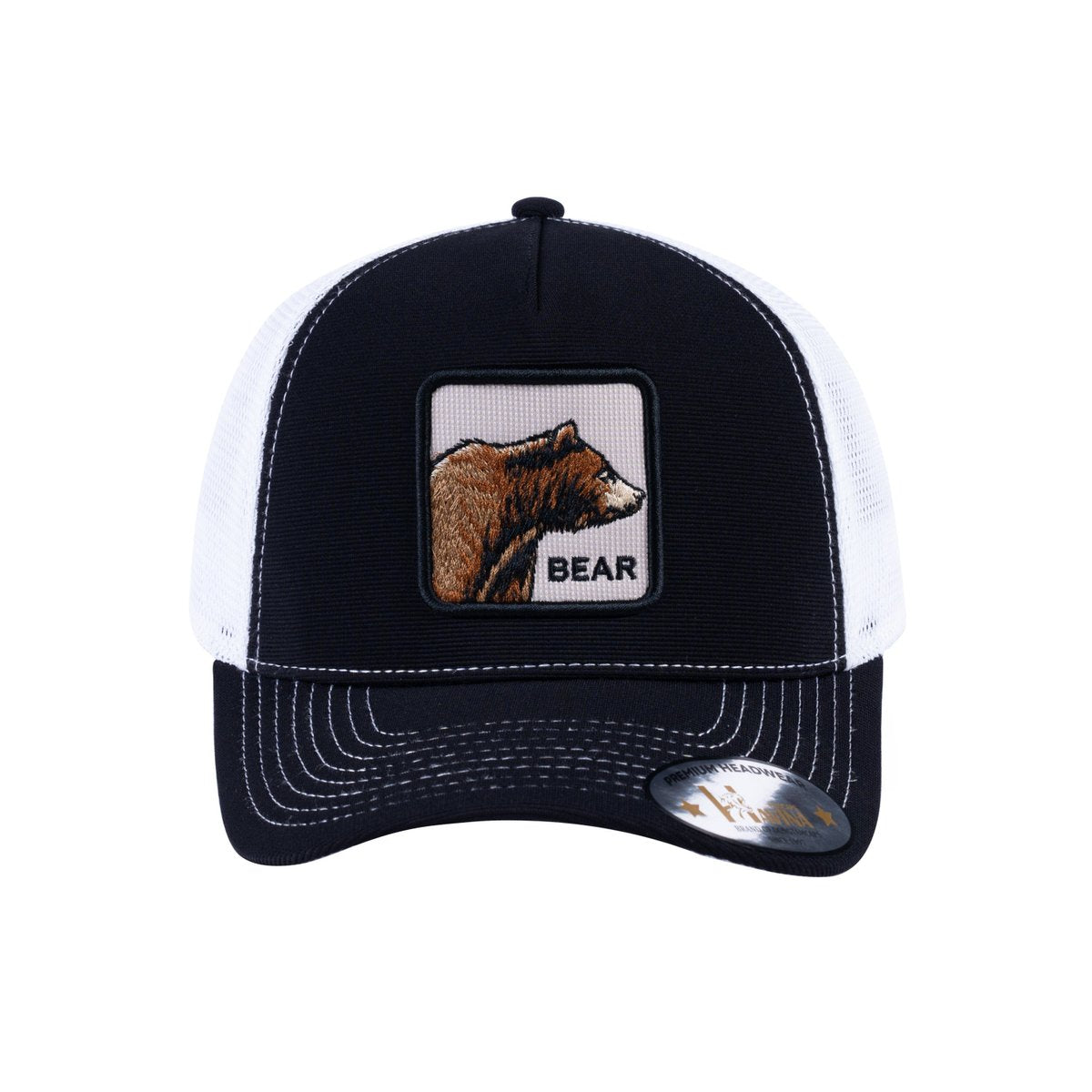 Unisex V2 Embroidered The Bear, 5-Panel Trucker Hat, Black/White, Adjustable Fit
