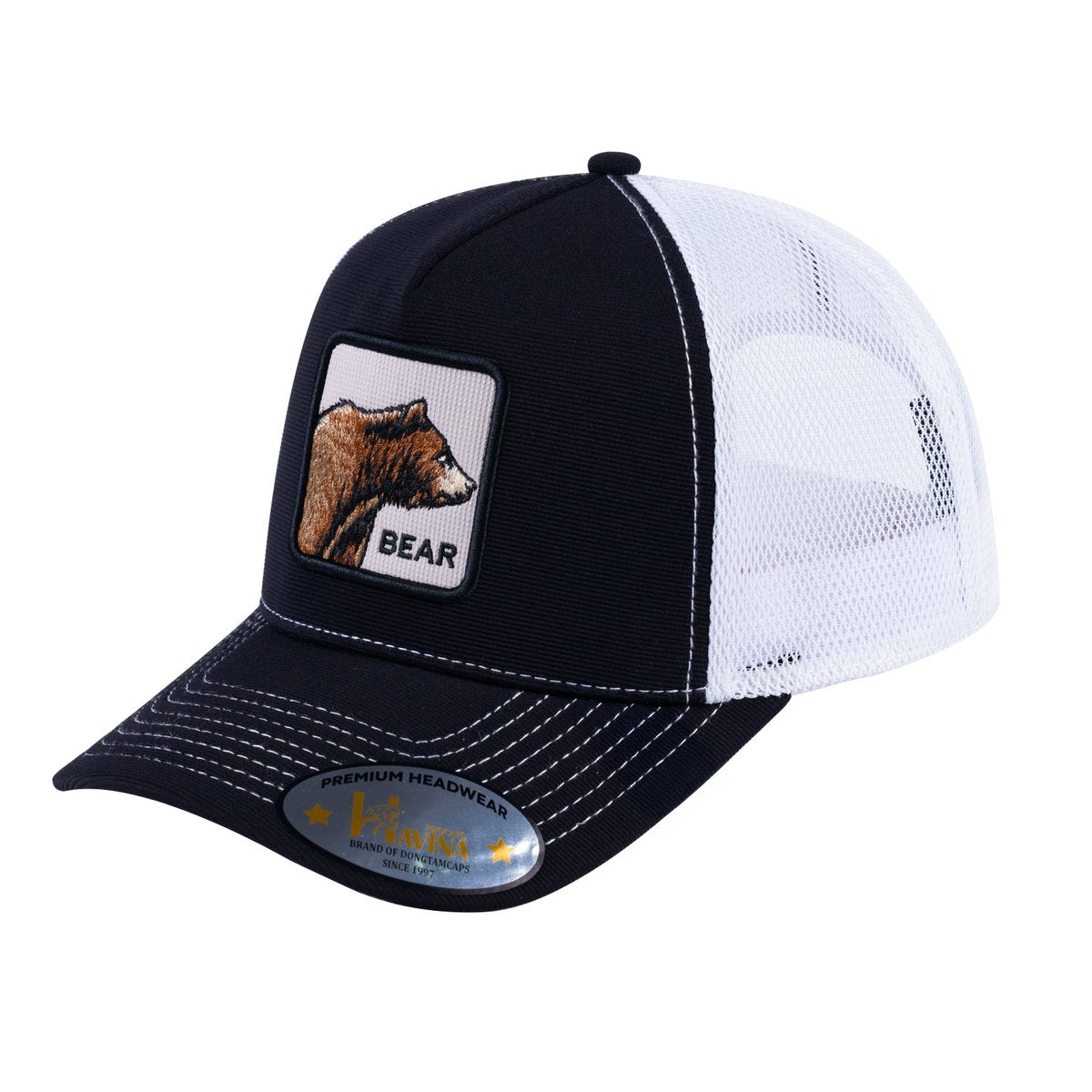 Unisex V2 Embroidered The Bear, 5-Panel Trucker Hat, Black/White, Adjustable Fit