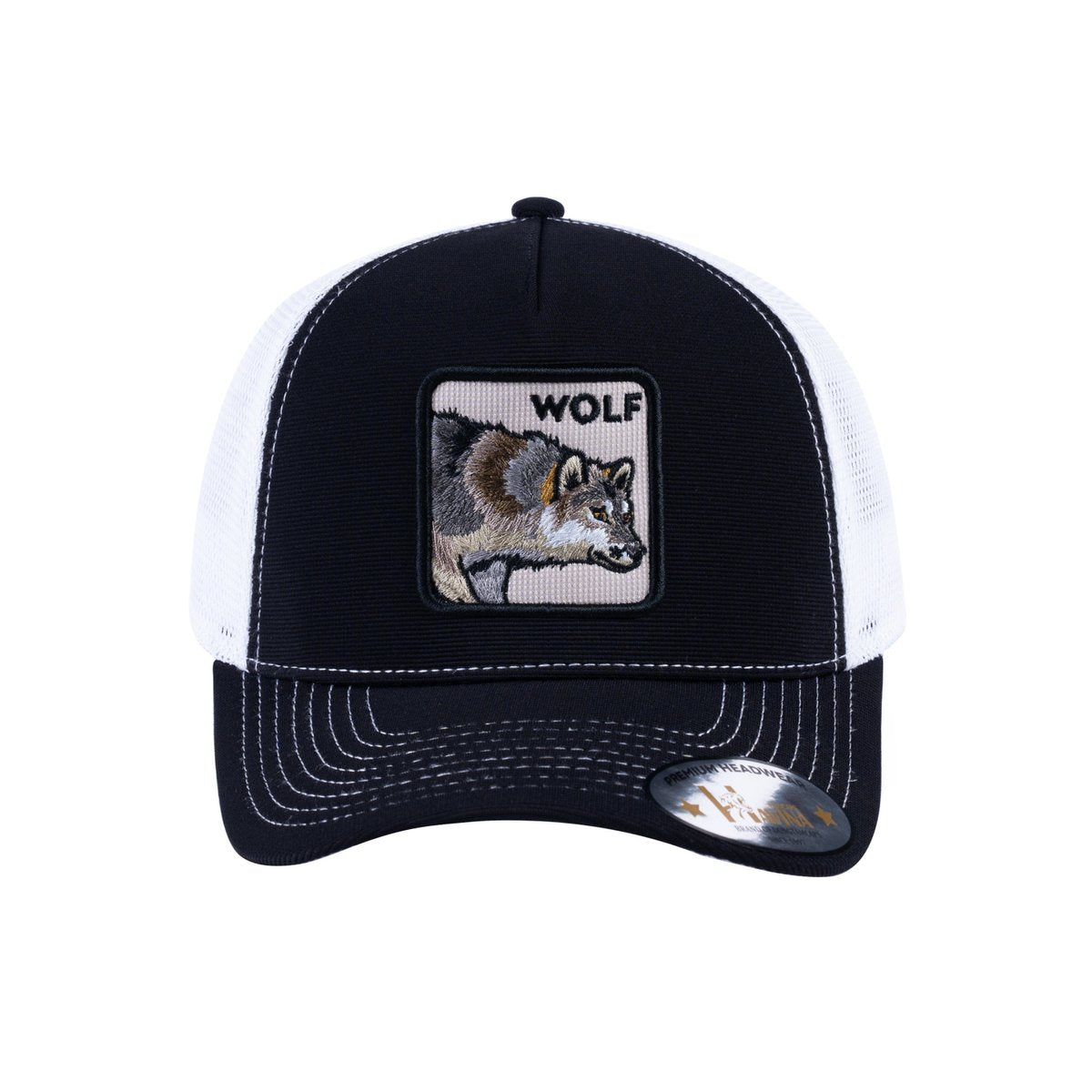 Unisex V2 Embroidered The Wolf, 5-Panel Trucker Hat, Black/White, Adjustable Fit