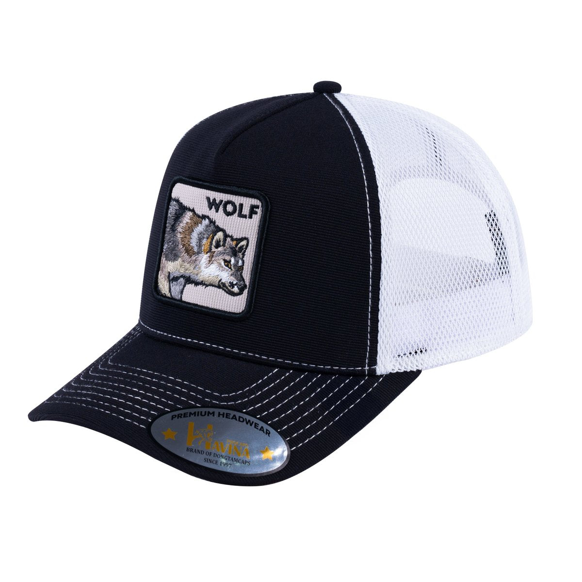 Unisex V2 Embroidered The Wolf, 5-Panel Trucker Hat, Black/White, Adjustable Fit
