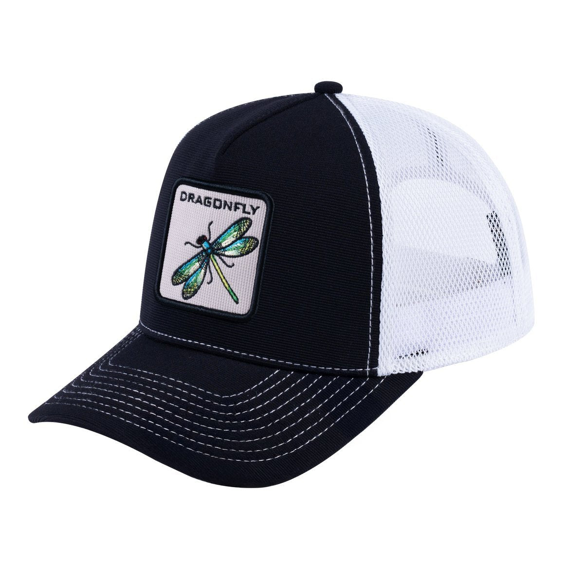 Unisex V2 Embroidered The Dragonfly, 5-Panel Trucker Hat, Black/White, Adjustable Fit