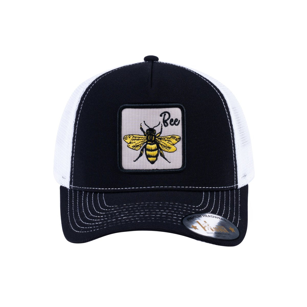 Unisex V2 Embroidered The Bee, 5-Panel Trucker Hat, Black/White, Adjustable Fit