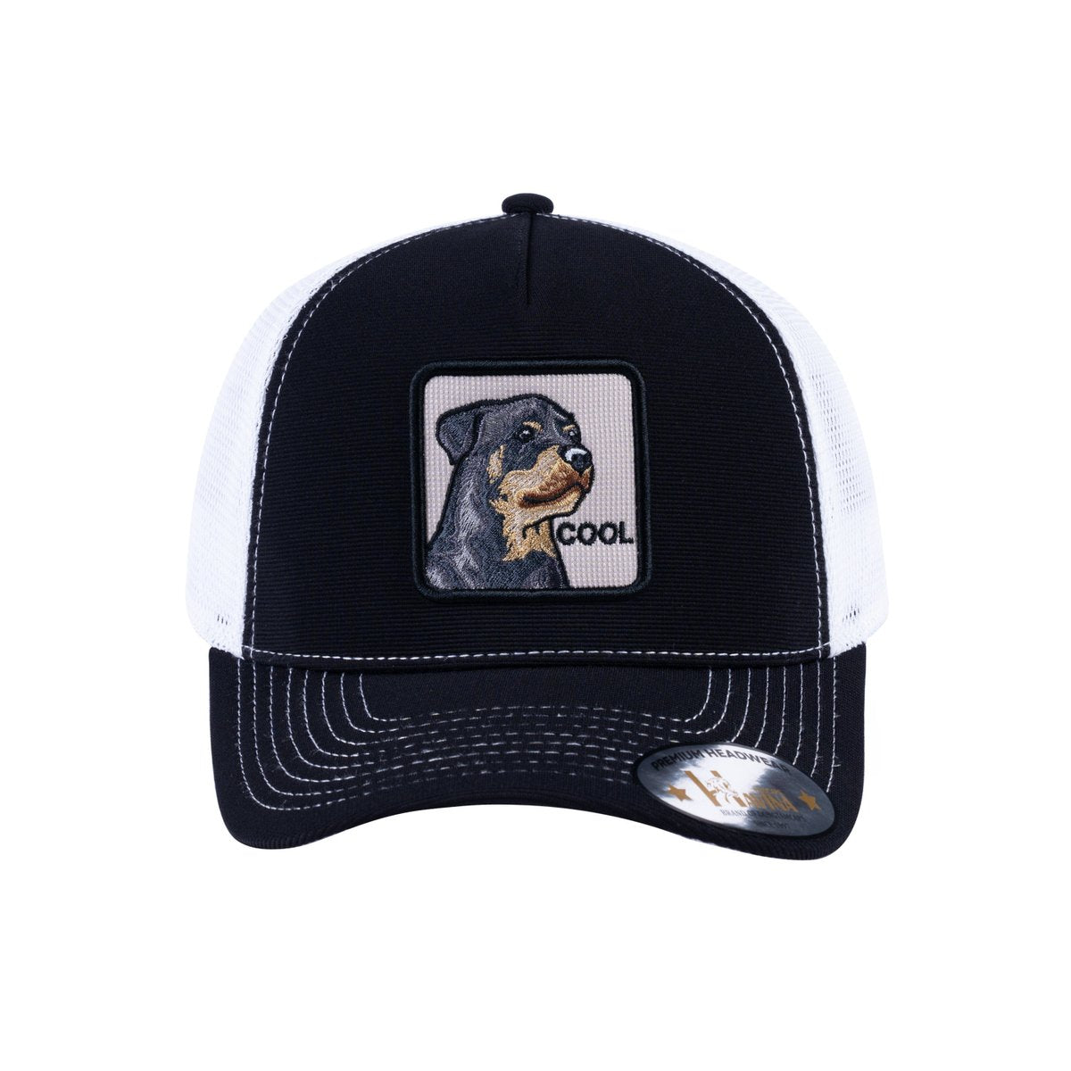 Unisex V2 Embroidered The Dog, 5-Panel Trucker Hat, Black/White, Adjustable Fit