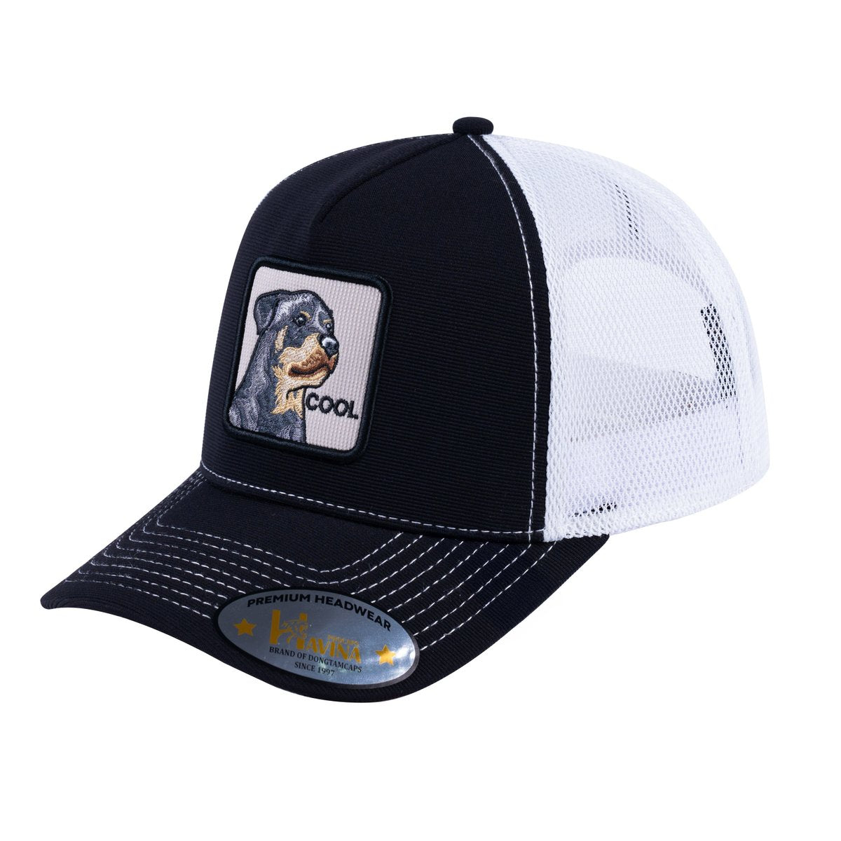 Unisex V2 Embroidered The Dog, 5-Panel Trucker Hat, Black/White, Adjustable Fit
