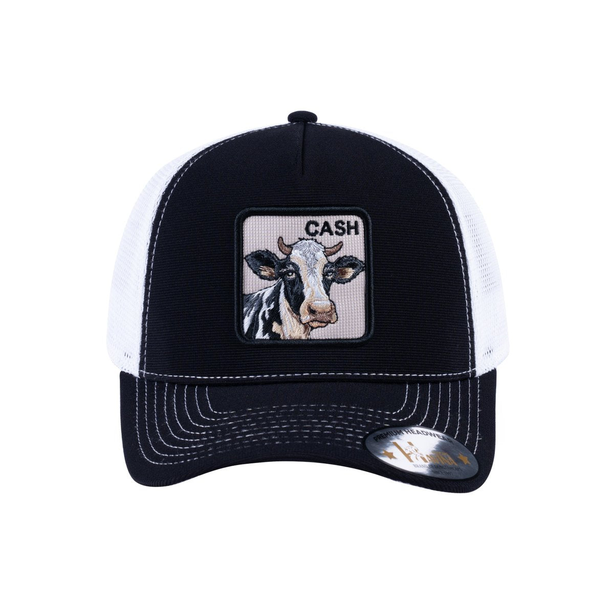 Unisex V2 Embroidered The Cow, 5-Panel Trucker Hat, Black/White, Adjustable Fit