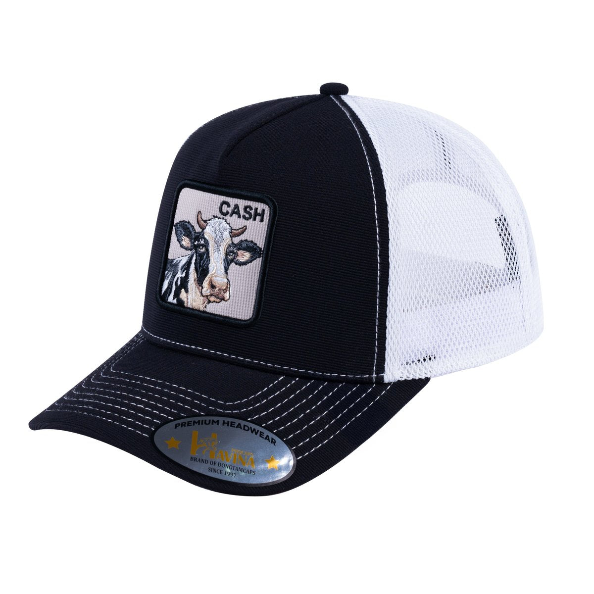 Unisex V2 Embroidered The Cow, 5-Panel Trucker Hat, Black/White, Adjustable Fit