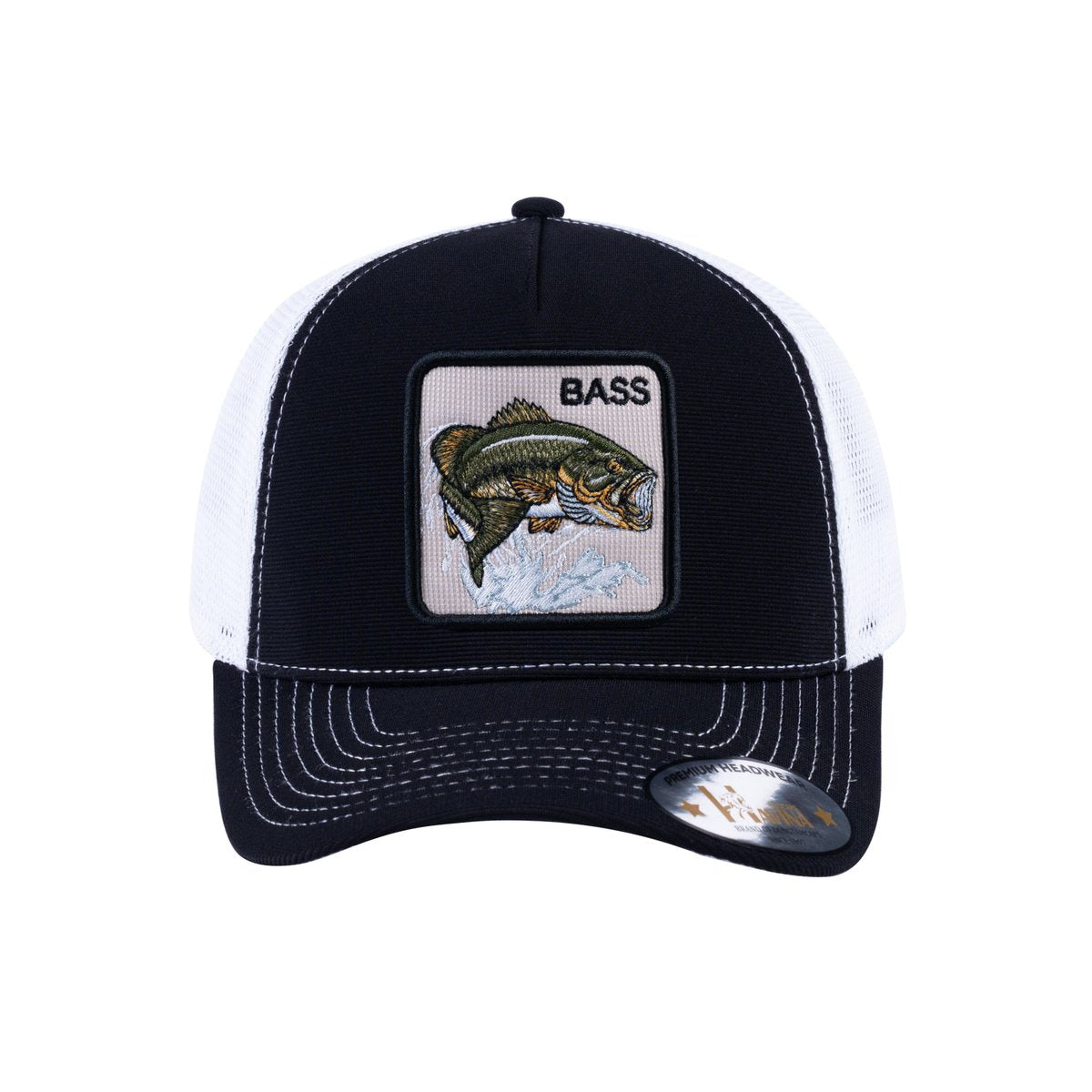 Unisex V2 Embroidered The Bass, 5-Panel Trucker Hat, Black/White, Adjustable Fit