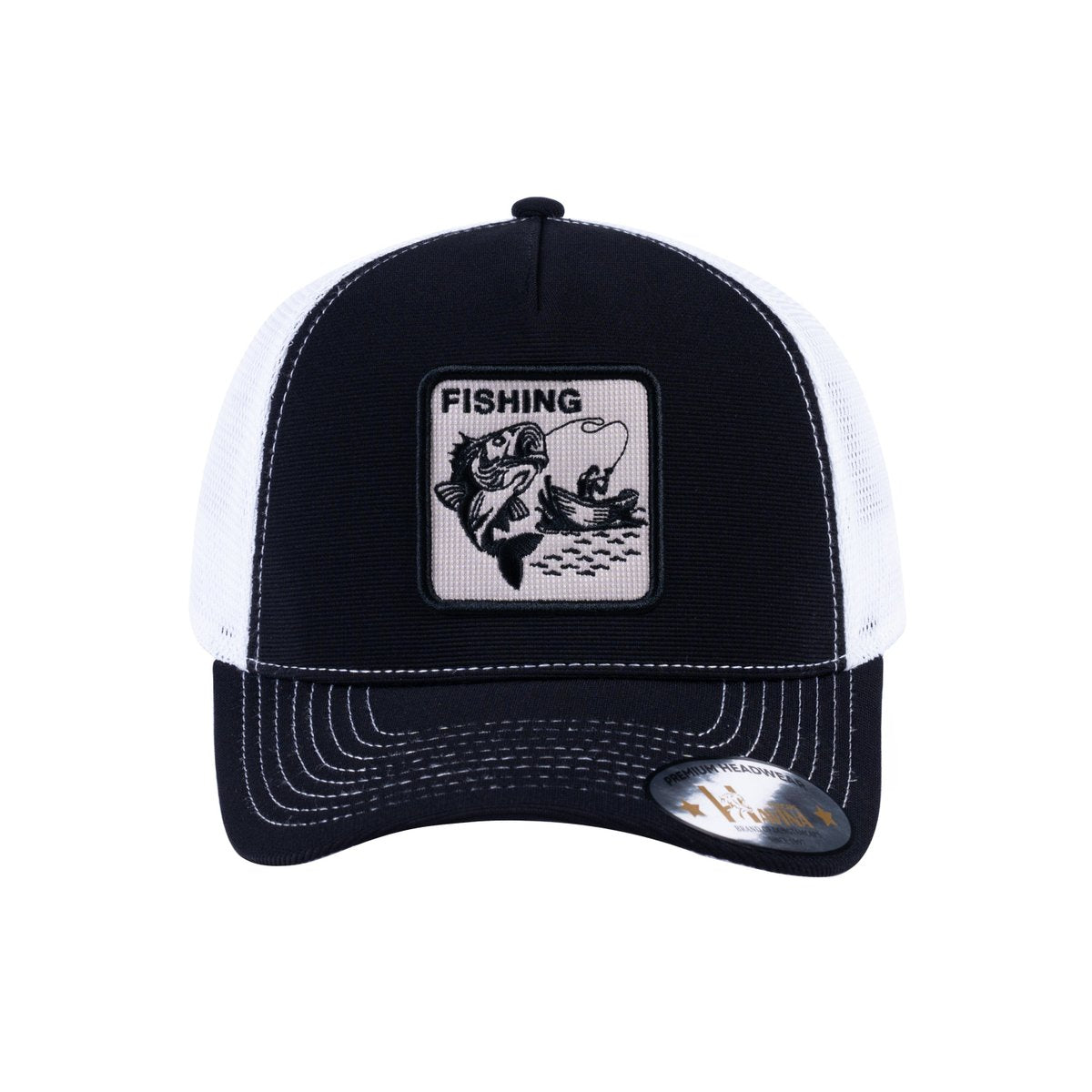 Unisex V2 Embroidered The Fishing, 5-Panel Trucker Hat, Black/White, Adjustable Fit