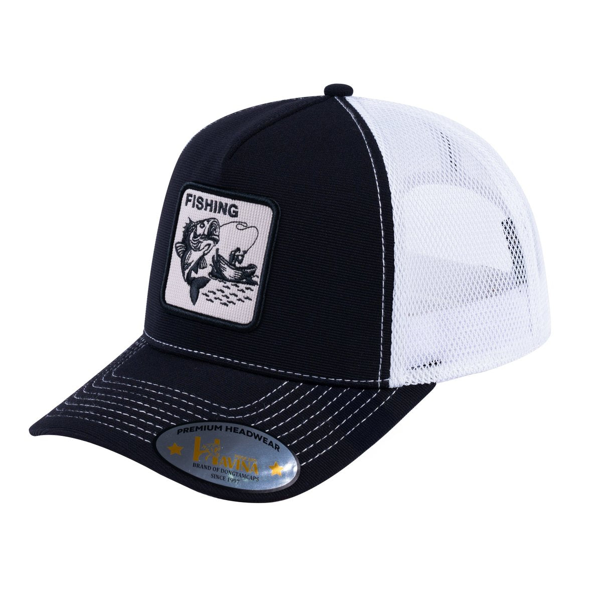Unisex V2 Embroidered The Fishing, 5-Panel Trucker Hat, Black/White, Adjustable Fit