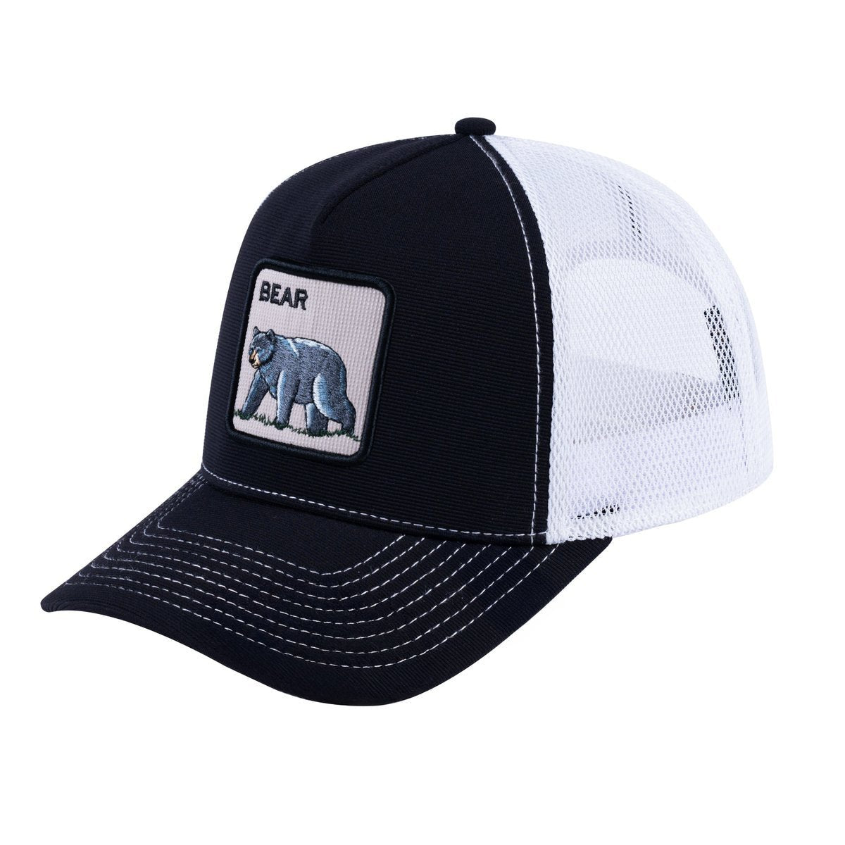 Unisex V2 Embroidered The Bear V2, 5-Panel Trucker Hat, Black/White, Adjustable Fit