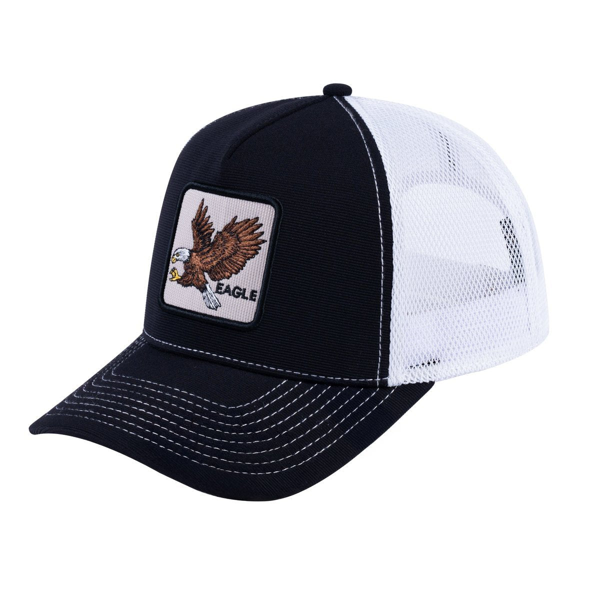 Unisex V2 Embroidered The Eagle, 5-Panel Trucker Hat, Black/White, Adjustable Fit