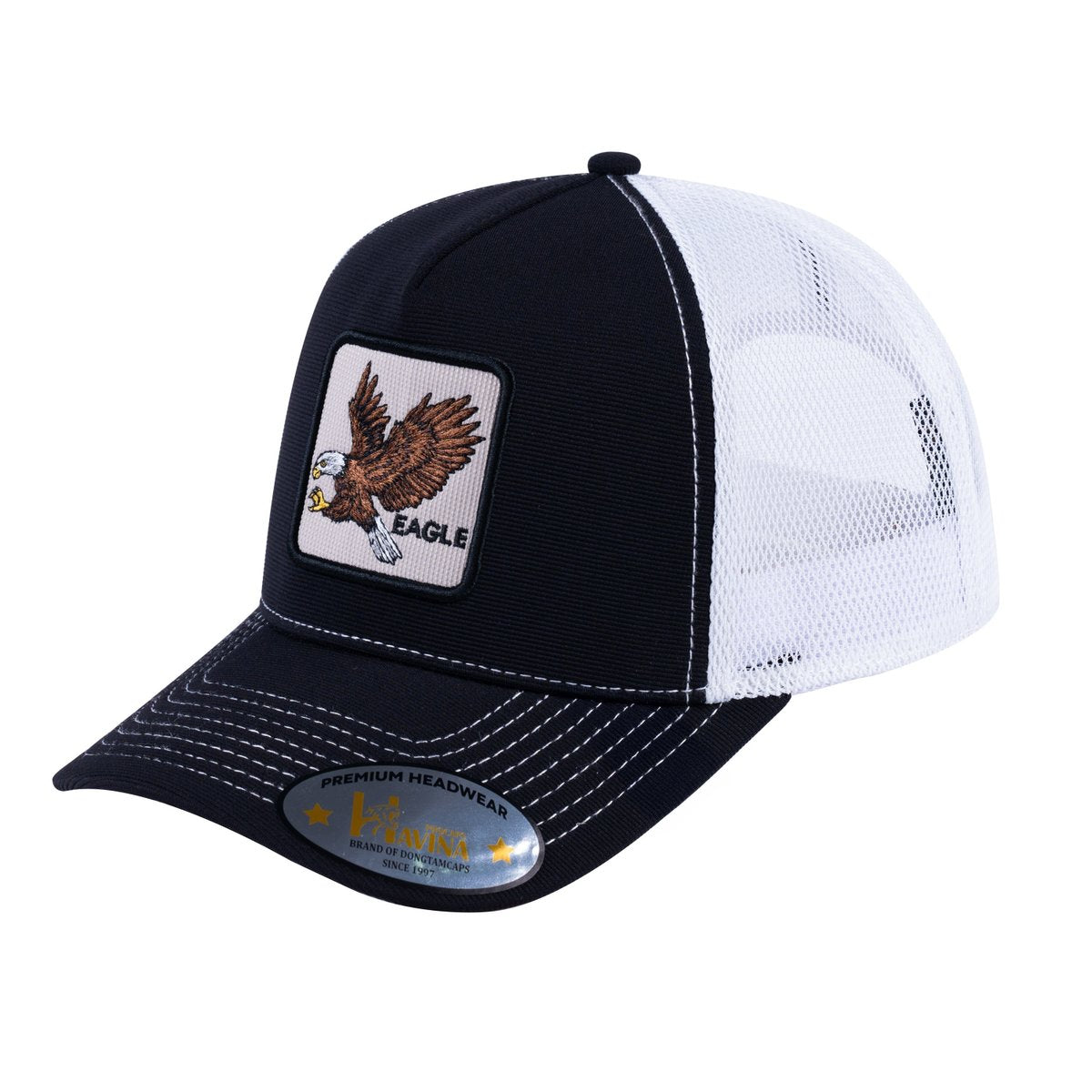 Unisex V2 Embroidered The Eagle, 5-Panel Trucker Hat, Black/White, Adjustable Fit