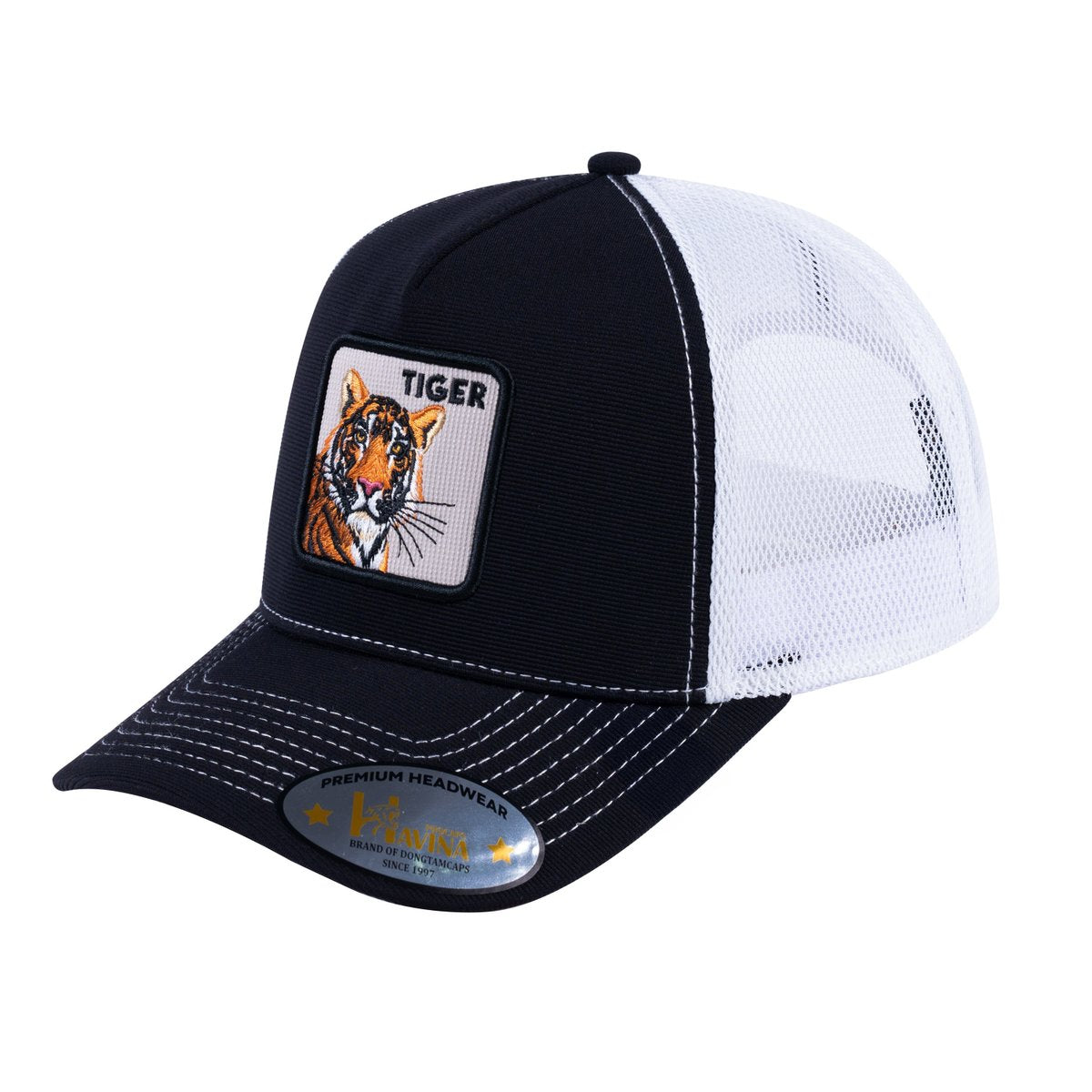 Unisex V2 Embroidered The Tiger, 5-Panel Trucker Hat, Black/White, Adjustable Fit