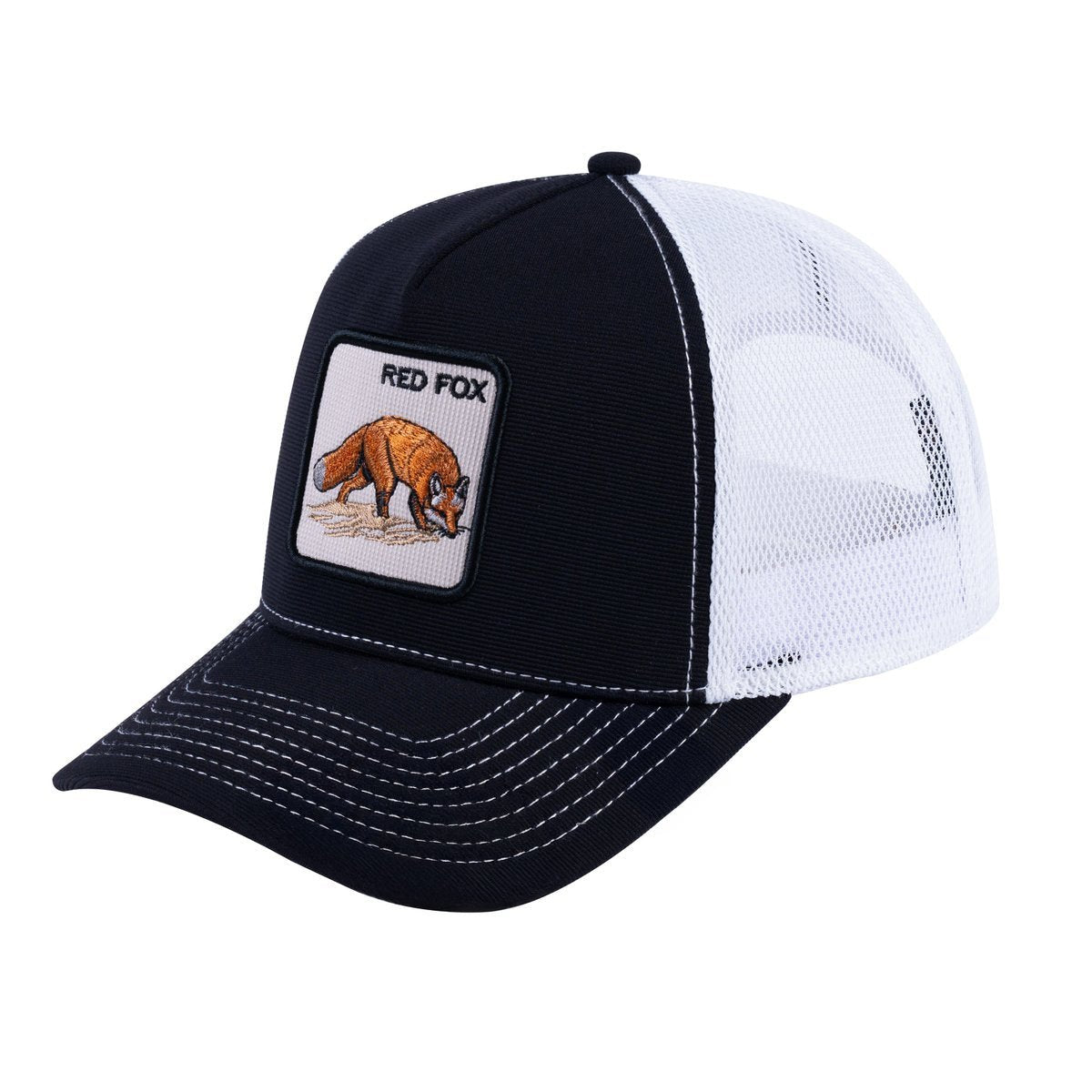 Unisex V2 Embroidered The Red Fox, 5-Panel Trucker Hat, Black/White, Adjustable Fit