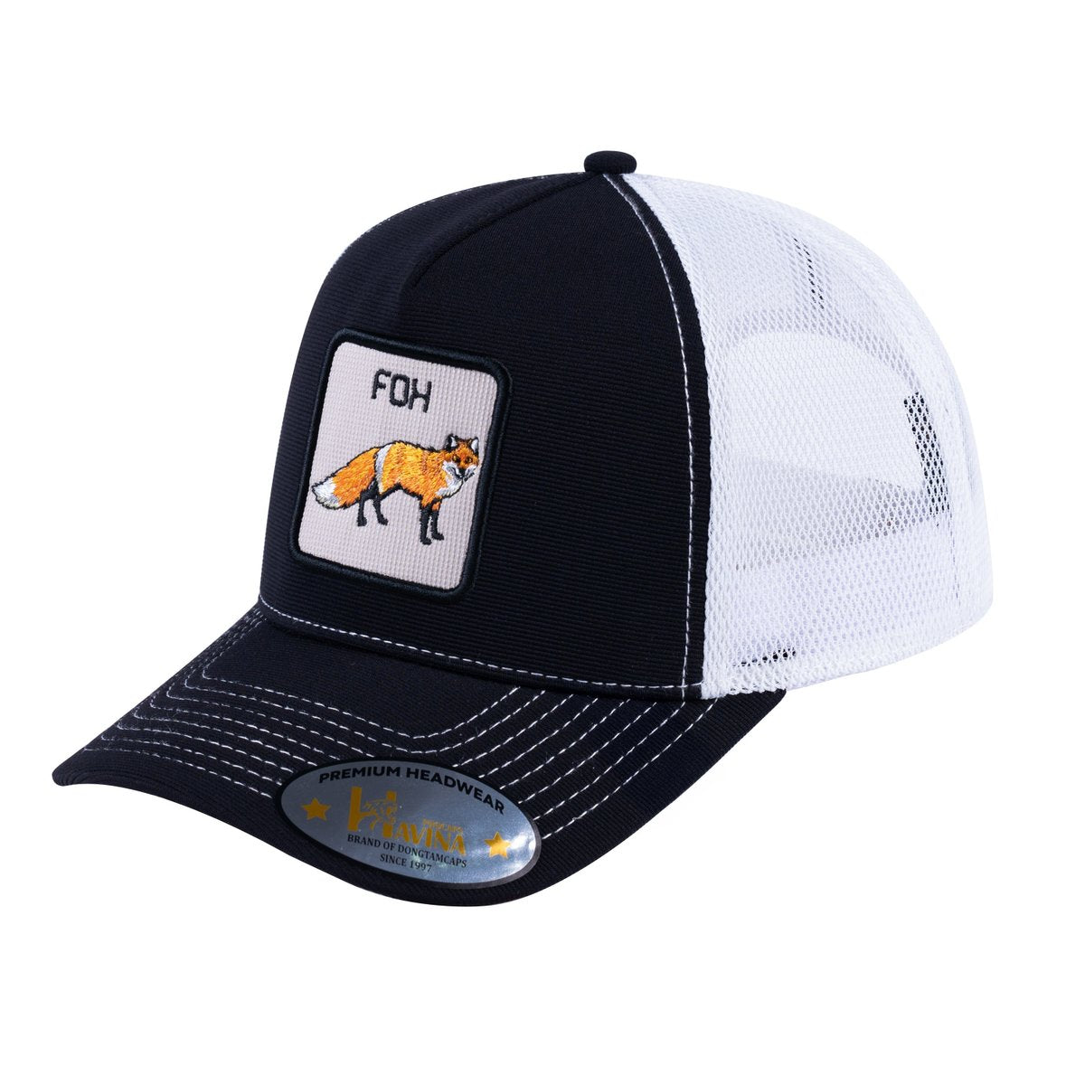 Unisex V2 Embroidered The Fox, 5-Panel Trucker Hat, Black/White, Adjustable Fit