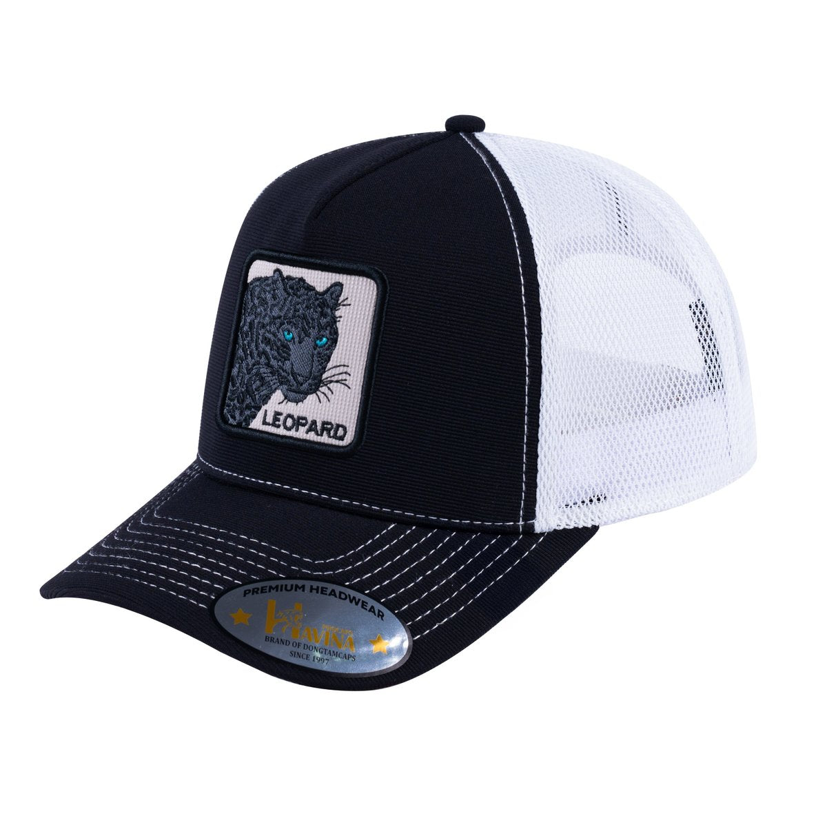 Unisex V2 Embroidered The Leopard V2, 5-Panel Trucker Hat, Black/White, Adjustable Fit