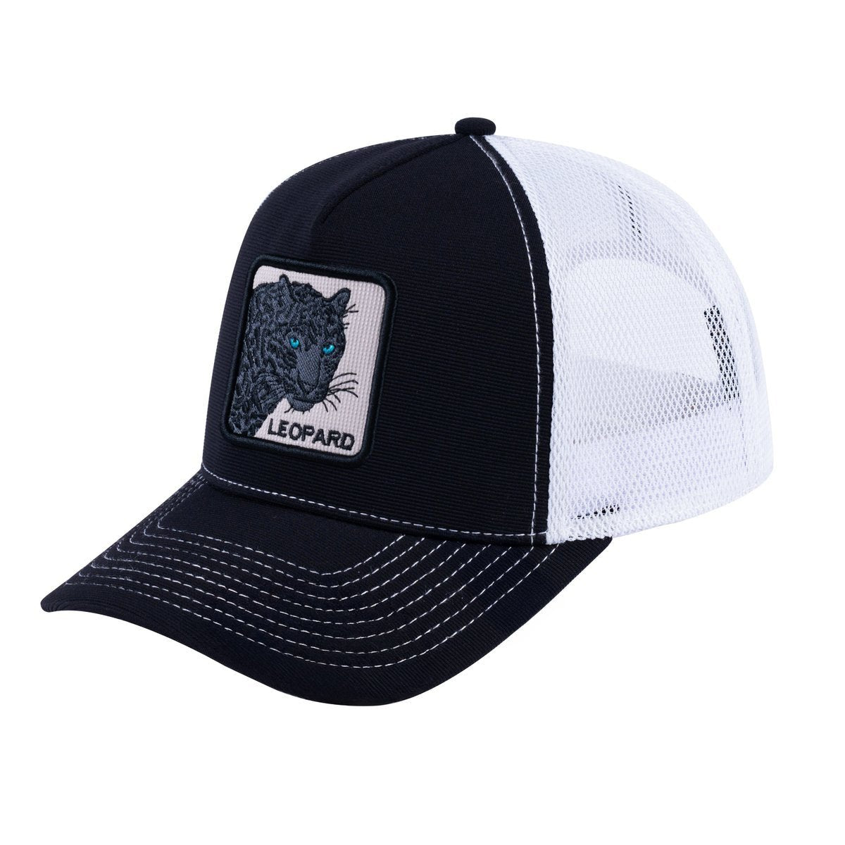 Unisex V2 Embroidered The Leopard V2, 5-Panel Trucker Hat, Black/White, Adjustable Fit