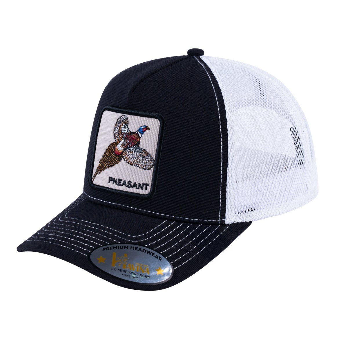 Unisex V2 Embroidered The Pheasant, 5-Panel Trucker Hat, Black/White, Adjustable Fit