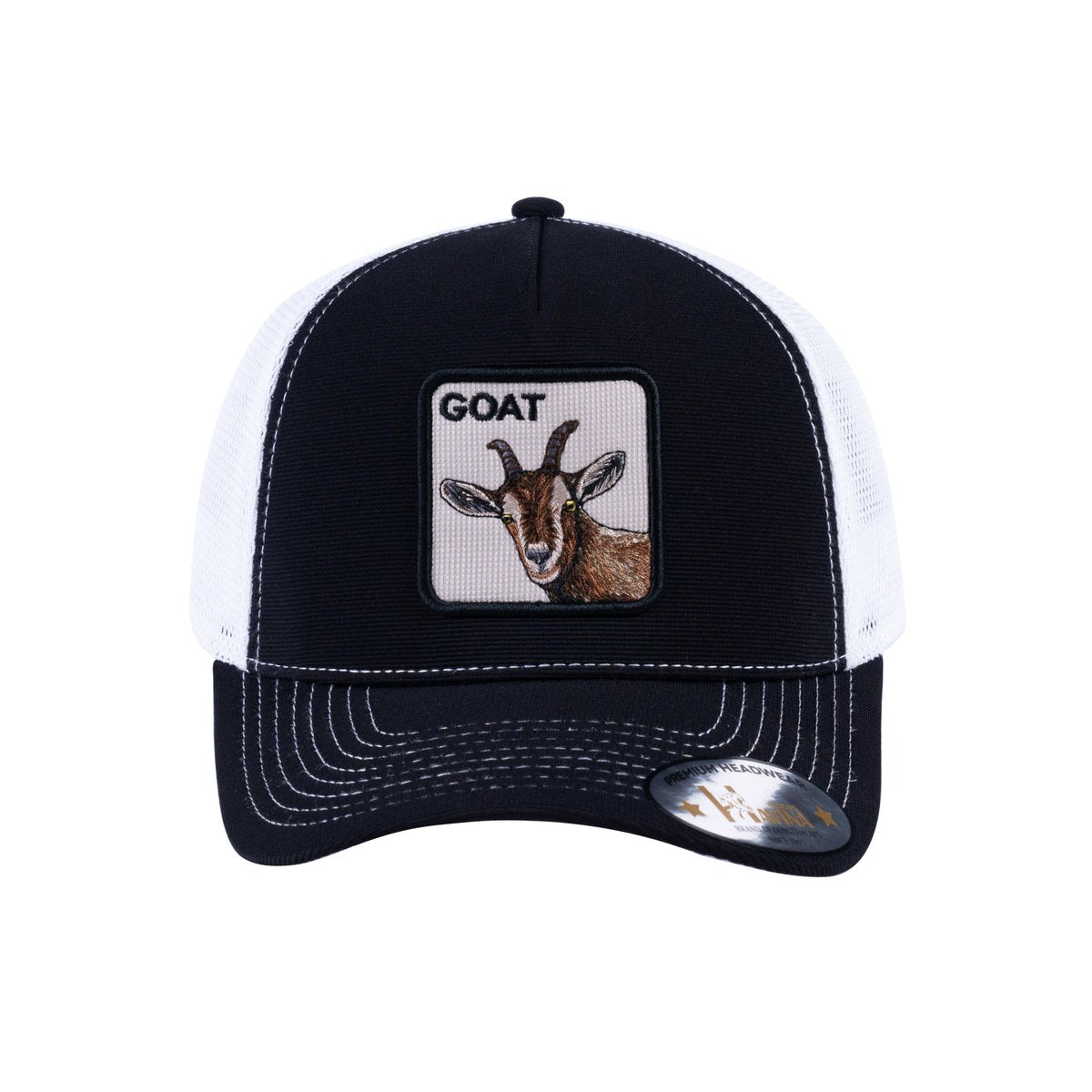 Unisex V2 Embroidered The Goat, 5-Panel Trucker Hat, Black/White, Adjustable Fit