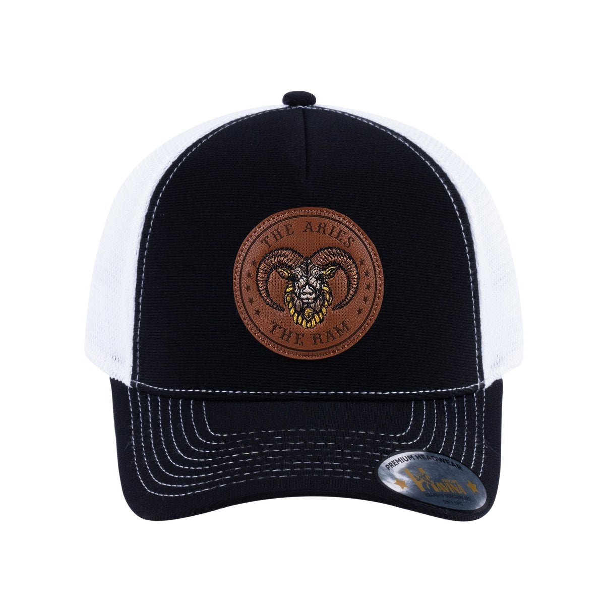 Unisex V2 Embroidered And Laser-Engraved Aries Zodiac (March 21, April 19), 5-Panel Trucker Hat, Black/White, Adjustable Fit