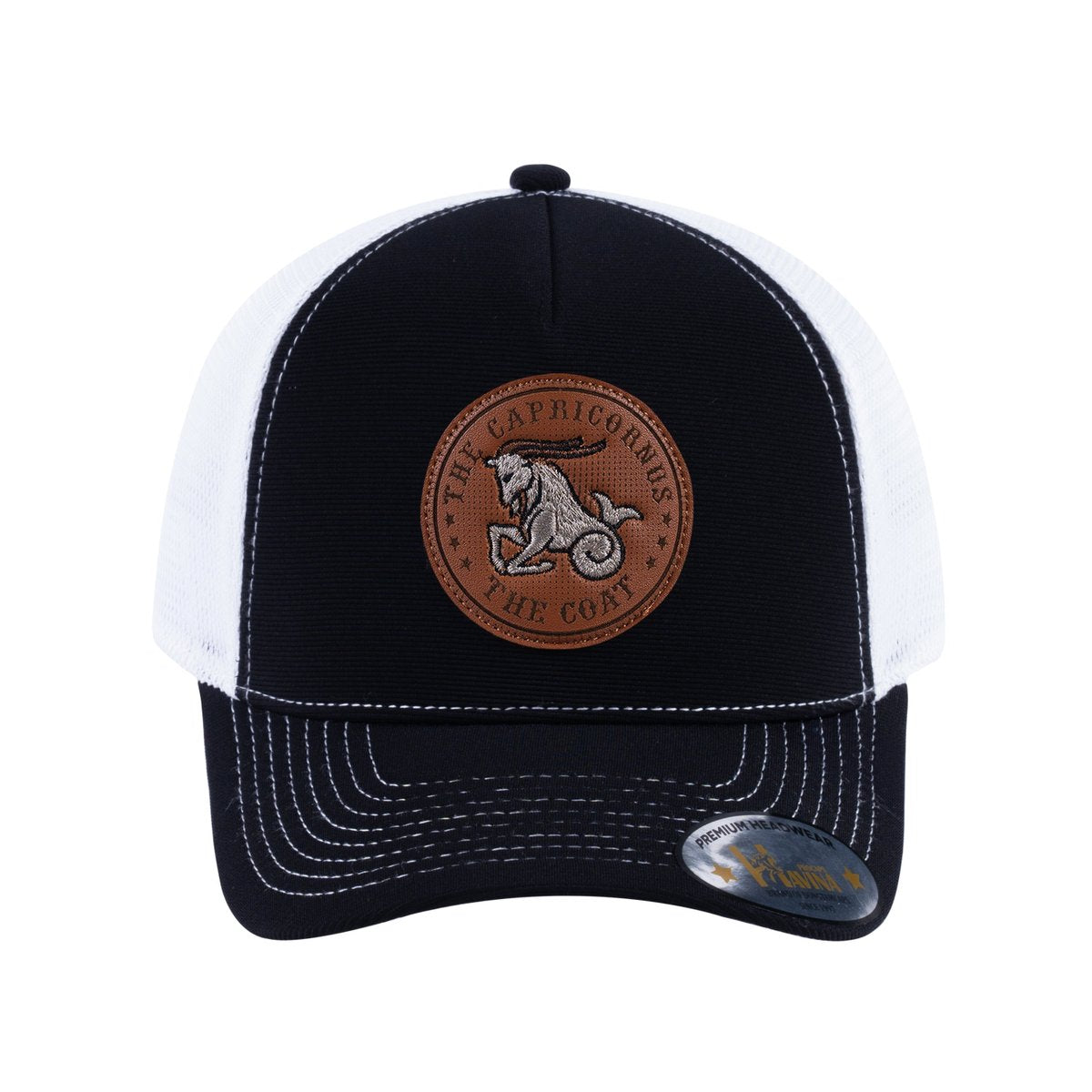 Unisex V2 Embroidered And Laser-Engraved Capricorn Zodiac (December 22, January 19), 5-Panel Trucker Hat, Black/White, Adjustable Fit