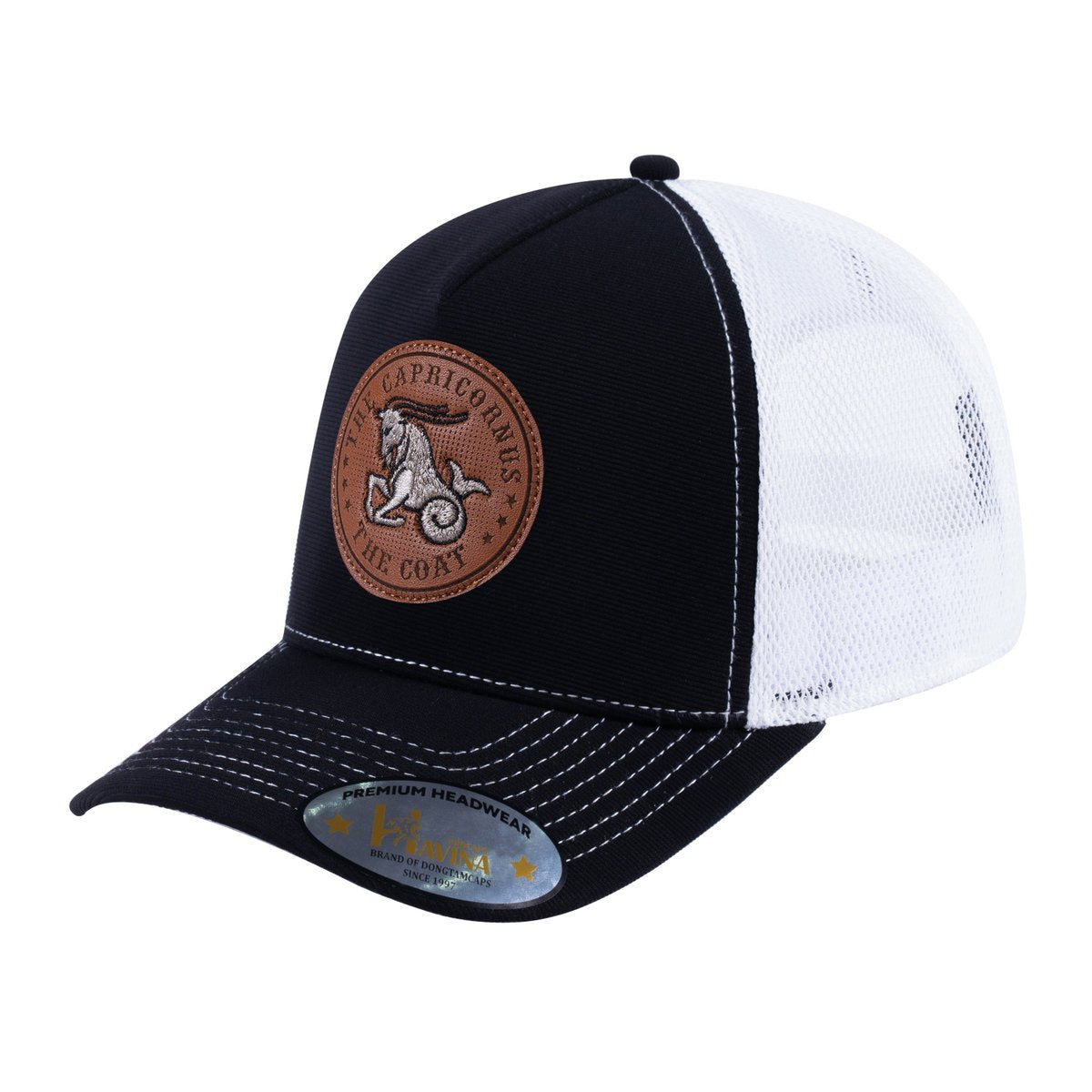 Unisex V2 Embroidered And Laser-Engraved Capricorn Zodiac (December 22, January 19), 5-Panel Trucker Hat, Black/White, Adjustable Fit