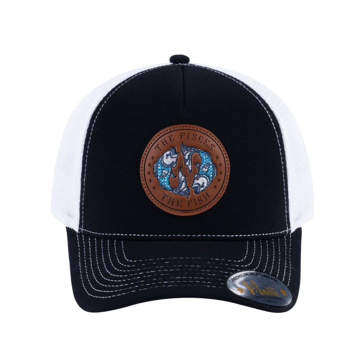 Unisex V2 Embroidered And Laser-Engraved Pisces Zodiac (February 19, March 20), 5-Panel Trucker Hat, Black/White, Adjustable Fit