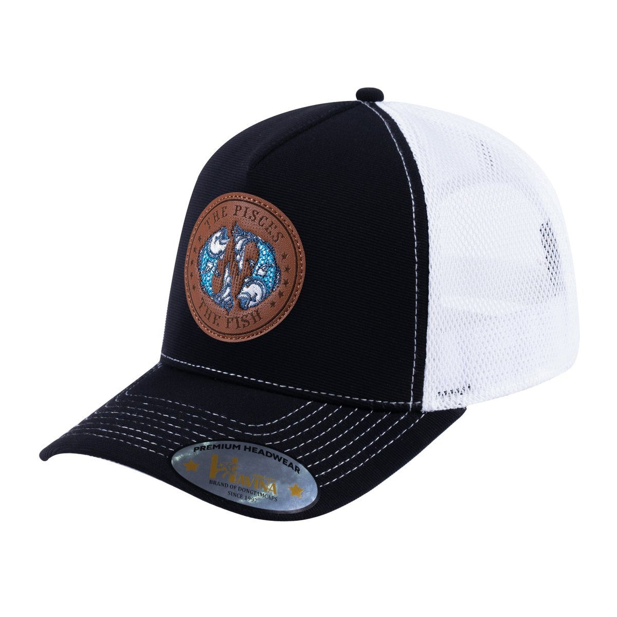 Unisex V2 Embroidered And Laser-Engraved Pisces Zodiac (February 19, March 20), 5-Panel Trucker Hat, Black/White, Adjustable Fit