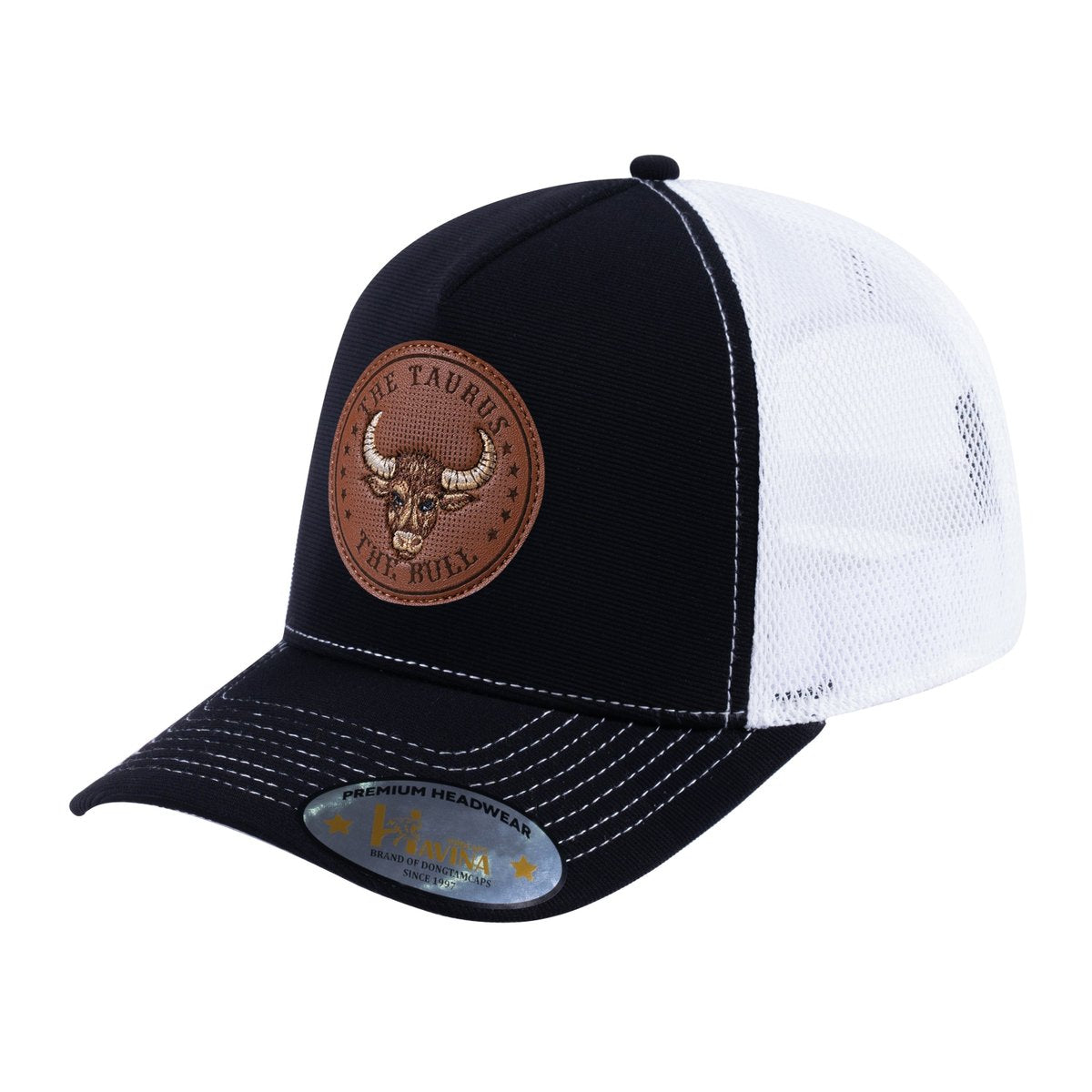 Unisex V2 Embroidered And Laser-Engraved Taurus Zodiac (April 20, May 20), 5-Panel Trucker Hat, Black/White, Adjustable Fit